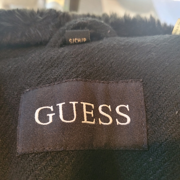 Guess Wool Blend Pea Coat Faux Fur Collar Leather Belt Studded Black Small #613 - Picture 4 of 14